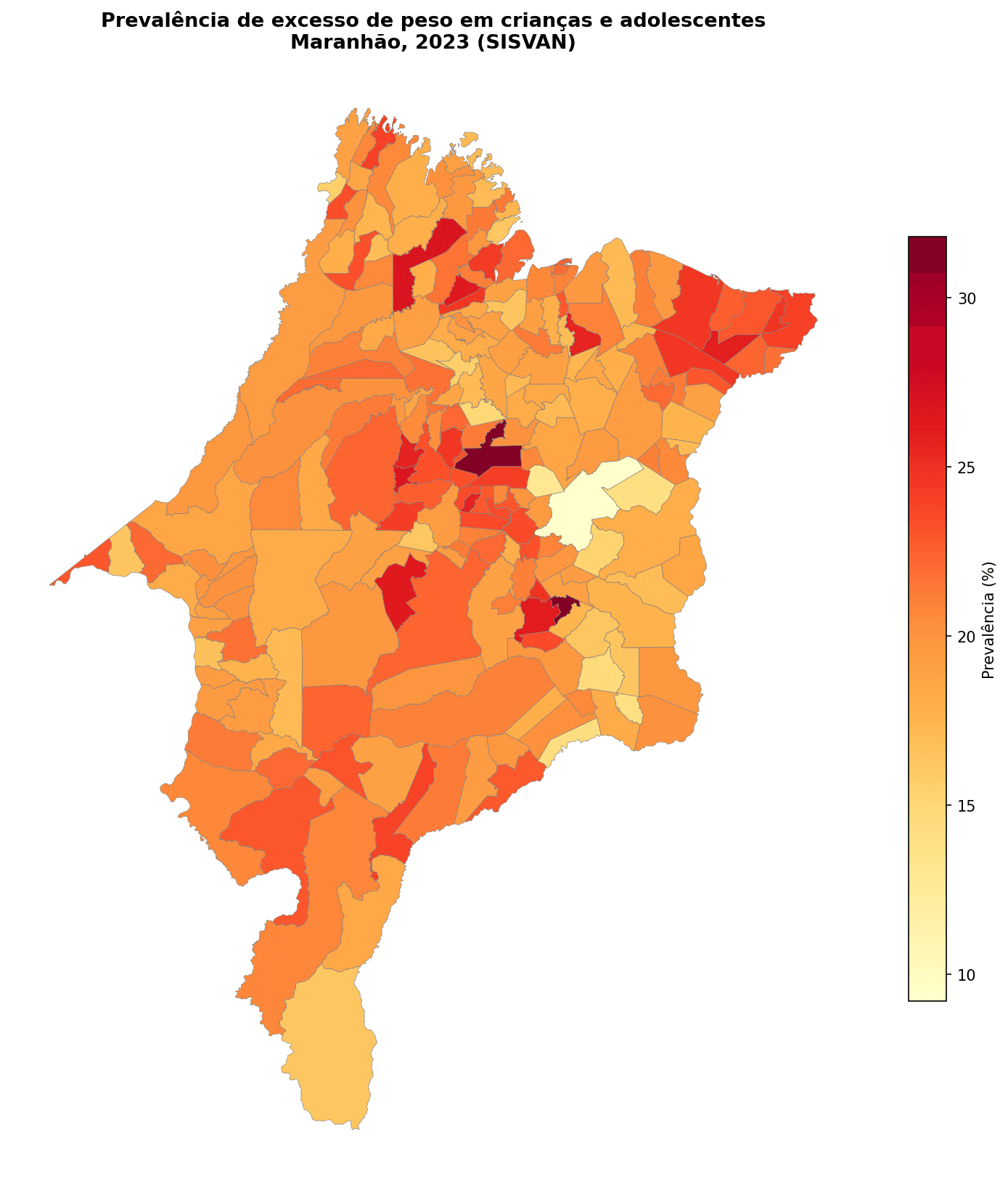 Prevalência de excesso de peso por município em 2023